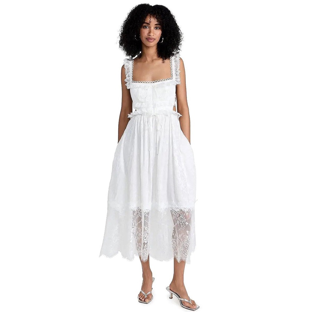 For Love & Lemons Deane Midi Dress White Lace Ruffle Backless M Bridal Ethereal